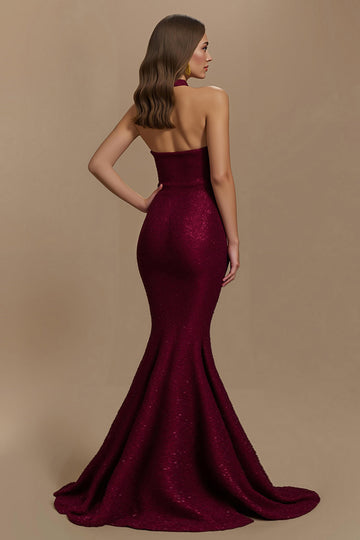 Robe longue de soirée de vacances scintillante bordeaux licol sirène
